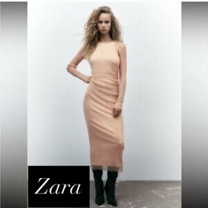 Zara Gold Sparkly  Ruched Bodycon Dress Mock Neck Long Sheer Sleeves
